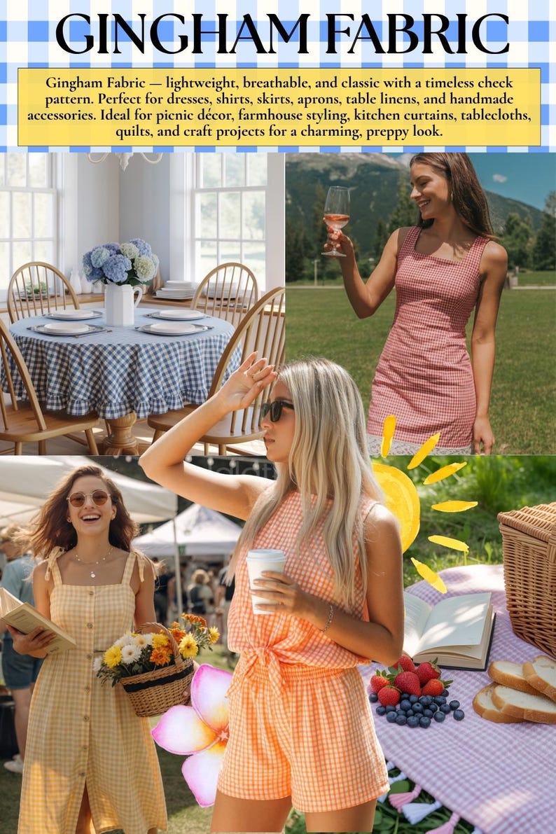 May include: The image showcases gingham fabric in various applications. It features dresses, a table setting with a checkered tablecloth, and a picnic scene. The fabric is shown in red, yellow, and blue checkered patterns, suggesting a classic, preppy style.