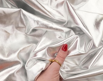 Silver Metallic Fabric by the Yard, Shiny Stretch Metallic Foil Spandex Fabric for Dancewear, Halloween Costumes, Cheerleading, and Cosplay