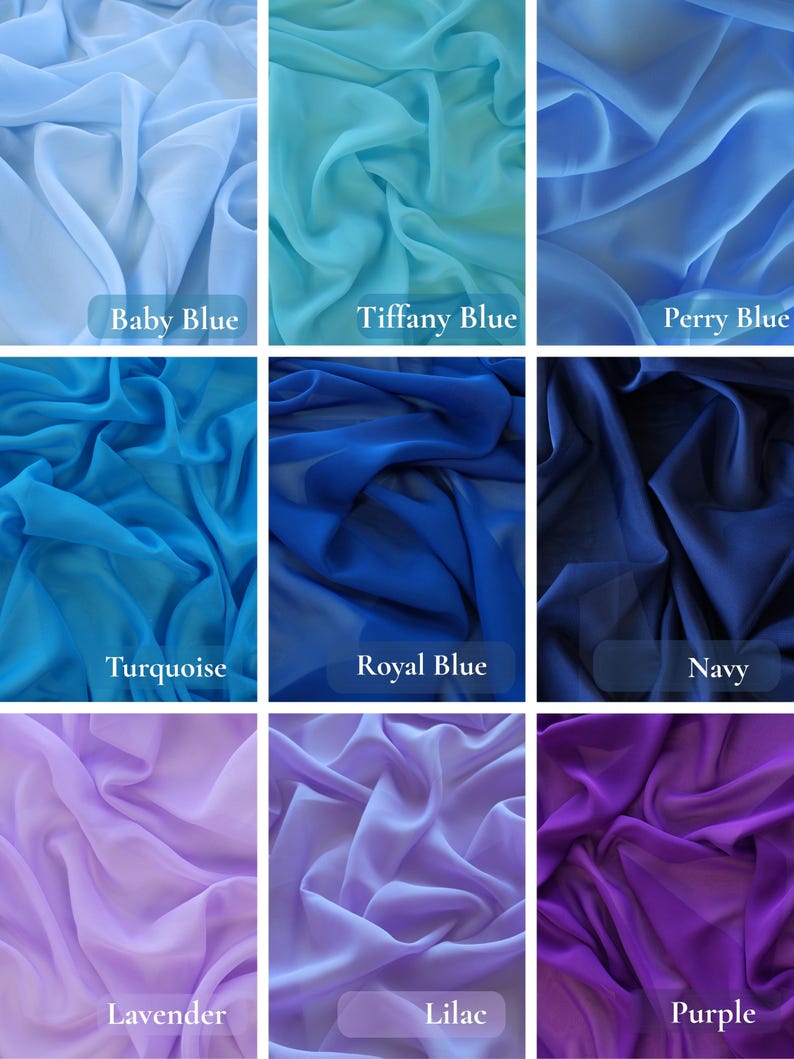 K&ouml;nnte beinhalten: Eine Sammlung von neun Stoffmustern in verschiedenen Blau- und Lilat&ouml;nen. Die Farben sind beschriftet mit: Babyblau, Tiffanyblau, Perryblau, T&uuml;rkis, K&ouml;nigsblau, Marine, Lavendel, Flieder und Lila. Der Stoff scheint leicht und flie&szlig;end zu sein.