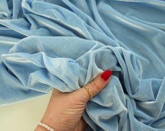 Baby Blue Stretch Velour by the Yard, Soft Stretch Velvet for Dresses, Formal Gowns, Curtains, Pillows Bows, 4-Way Plush Velvet Spandex