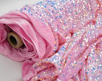 Iridescent Pink Sequin Velvet Fabric by the Yard,2 Way Stretch Soft Sequin Plush Velvet, Pink Sparkle Fabric for Gowns,Party Christmas Decor