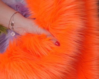 Neon Orange Faux Fur Fabric by the Yard | Long Pile Shag Orange Fur 60" Wide, Soft Plush Bright Orange Fake Fur for Rave Costume Cosplay