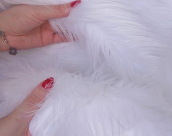 White Faux Fur Fabric by the Yard,  Long Pile Shag Fur, Soft Fake Fur for Cosplay Halloween Costume Santa Trim Throw Snow White, 60" Wide