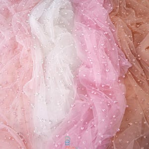 Bridal Pearl Tulle Fabric by Yard, Beaded Tulle Fabric with Pearls, Tulle Lace for Wedding Veil, Gowns, Embellished Pearl Tulle,Sheer Fabric