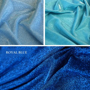 May include: Close-up of three fabric swatches in shades of blue. The top left is Baby Blue, the top right is Tiffany Blue, and the bottom is Royal Blue. Each swatch has a shimmering, textured appearance, with the names of the colors printed above them.
