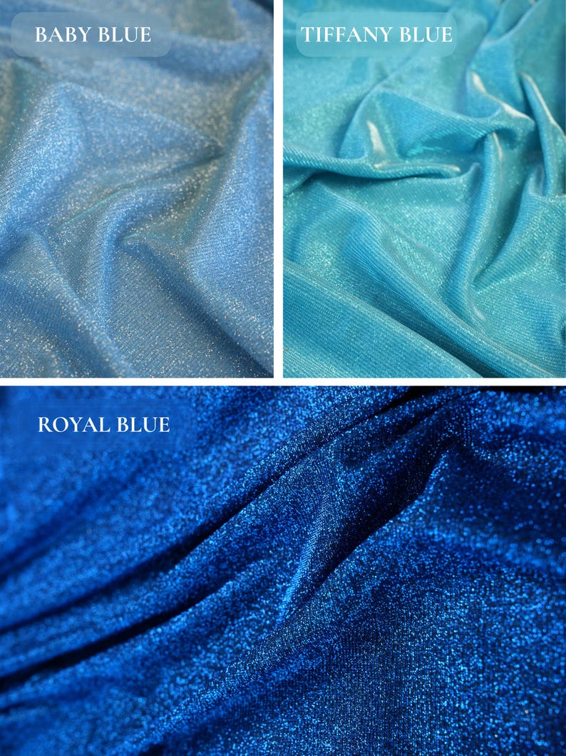 May include: Close-up of three fabric swatches in shades of blue. The top left is Baby Blue, the top right is Tiffany Blue, and the bottom is Royal Blue. Each swatch has a shimmering, textured appearance, with the names of the colors printed above them.