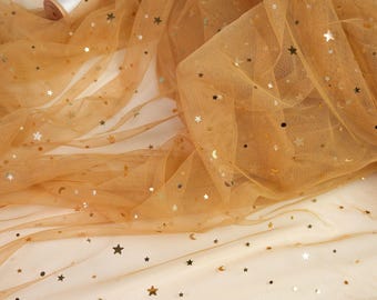 Gold Celestial Tulle Fabric by the Yard, Stars & Moons Soft Glitter Tulle Lace for Fall Weddings, Decor, Backdrop, Tutu Skirts, Crafts