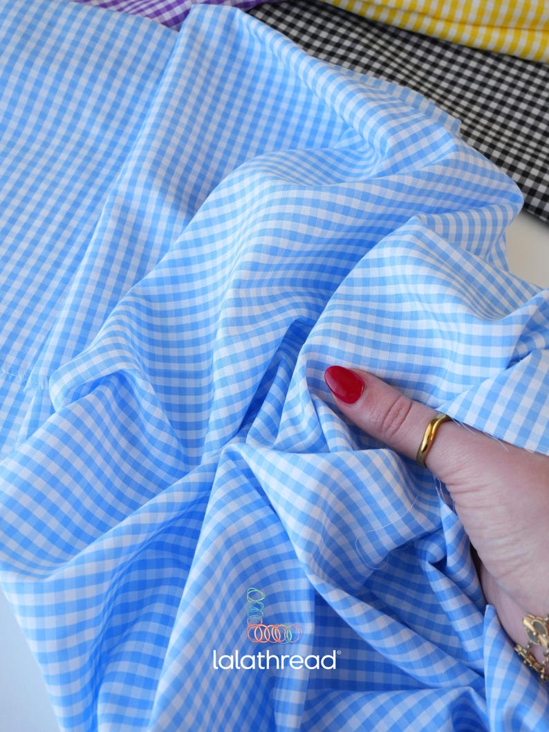 Puede incluir: Primer plano de tela de cuadros vichy azul y blanco. La tela est&aacute; doblada, mostrando el detalle del patr&oacute;n. La tela es un patr&oacute;n de cuadros azul claro y blanco. El logotipo "lalathread" es visible en el centro inferior.