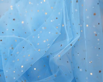 Baby Blue Celestial Tulle Fabric by the Yard, Moon Star Burst Tulle Mesh for Wedding, Decor, Nursery Canopies, Backdrops, Blue Soft Netting