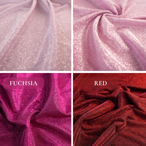 May include: Close-up of four fabric swatches in shades of pink and red. The top left swatch is blush pink, the top right is pink, the bottom left is fuchsia, and the bottom right is red. Each fabric has a shimmering, glittery texture.