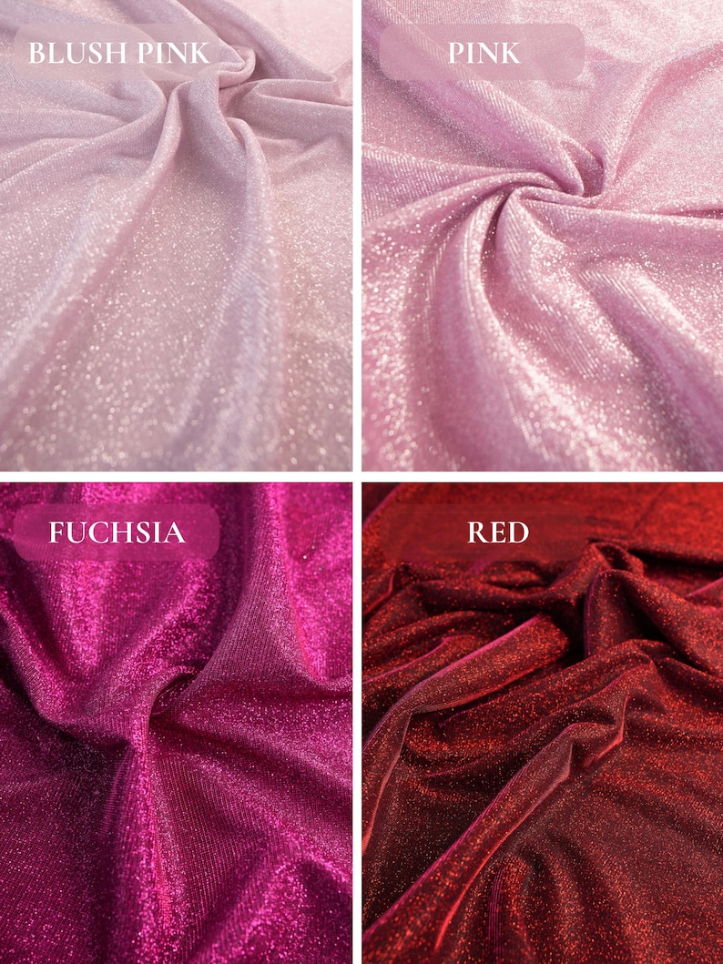 May include: Close-up of four fabric swatches in shades of pink and red. The top left swatch is blush pink, the top right is pink, the bottom left is fuchsia, and the bottom right is red. Each fabric has a shimmering, glittery texture.
