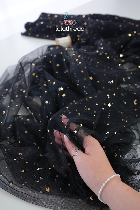 Black Celestial Glitter Tulle Fabric by Yard, Night Sky Fabric, Moon Star Burst Tulle Mesh for Wedding, Decor, Skirts, Backdrops, Halloween