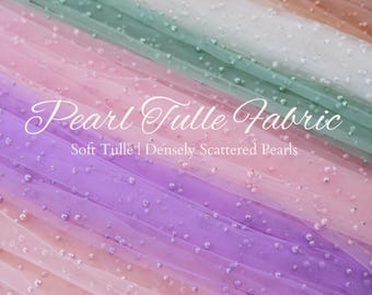 Pearl Tulle Fabric, Sheer Beaded Tulle Mesh for Cathedral Veil, Wedding Cape, Overlay, Ultra Soft Bridal Tulle Fabric with Pearls for Gowns