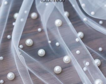 Exquisite White Pearl Beaded Tulle Fabric for Wedding Veils & Dresses - Scattered Pearl Mesh by Yard, White Tulle with Pearls