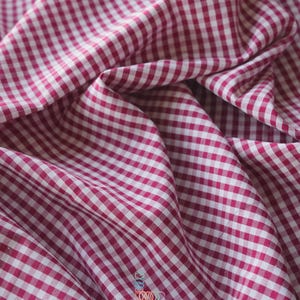Puede incluir: Primer plano de una tela con un patr&oacute;n de cuadros vichy rojo y blanco. La tela est&aacute; drapeada, mostrando pliegues y textura. El dise&ntilde;o de cuadros cl&aacute;sico crea un textil visualmente atractivo.