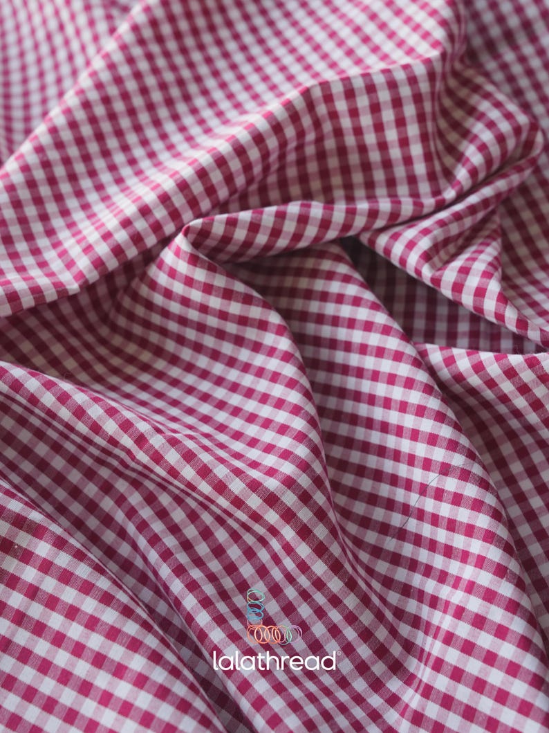 Puede incluir: Primer plano de una tela con un patr&oacute;n de cuadros vichy rojo y blanco. La tela est&aacute; drapeada, mostrando pliegues y textura. El dise&ntilde;o de cuadros cl&aacute;sico crea un textil visualmente atractivo.