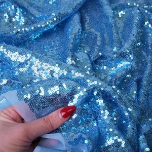 Iridescent Baby Blue Sequin Fabric by the Yard, 3mm Blue Glitz Sequins on Stretch Mesh, Shiny Sequin Material for Dresses Gowns Tablecloths