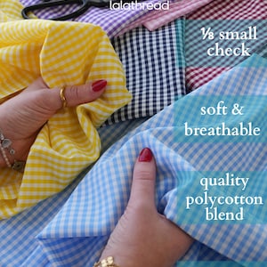 May include: Various colors of gingham fabric, including yellow, blue, purple, and navy, are displayed. The fabric is described as a quality polycotton blend, soft, breathable, thin, and lightweight. The text "1/8 small check" is visible.