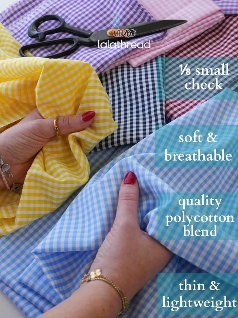 May include: Various colors of gingham fabric, including yellow, blue, purple, and navy, are displayed. The fabric is described as a quality polycotton blend, soft, breathable, thin, and lightweight. The text "1/8 small check" is visible.