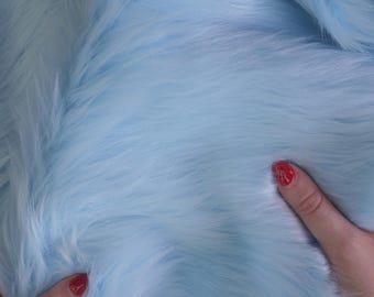 Baby Blue Faux Fur Fabric, Light Blue Fur by the Yard, Long Shag Fur 60"Wide, Soft Plush Pastel Blue Fur  for Costumes, Throws, Jackets