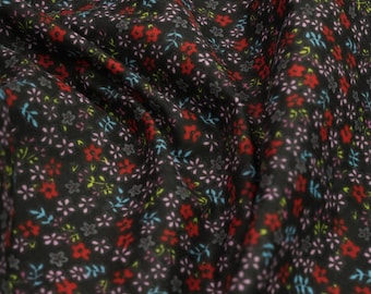 Black Mini Ditsy Floral Polly Cotton Fabric by the Yard, Black Floral Print Fabric 60" Wide for Curtains, Crafts, Vintage Dresses, Quilting