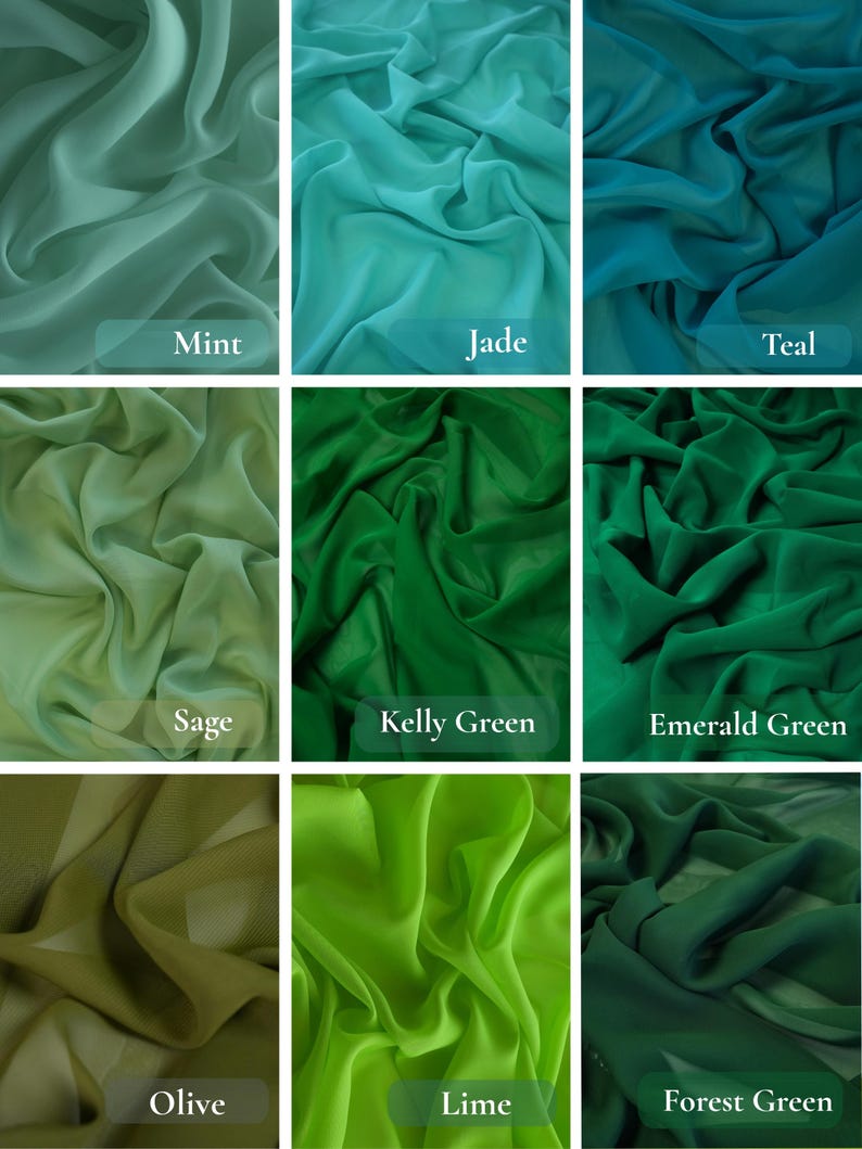 K&ouml;nnte beinhalten: Eine Sammlung von neun Stoffmustern in verschiedenen Gr&uuml;nt&ouml;nen. Farben sind Minze, Jade, T&uuml;rkis, Salbei, Kelly-Gr&uuml;n, Smaragdgr&uuml;n, Olive, Limette und Waldgr&uuml;n. Jedes Muster hat eine Beschriftung mit dem Farbnamen.