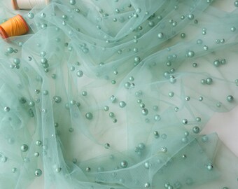 Sage Green Pearl Tulle Fabric by Yard, Soft Tulle with Pearls, Embellished Pearl Mesh Fabric for Veil, Gowns, Scattered Pearls Tulle Lace