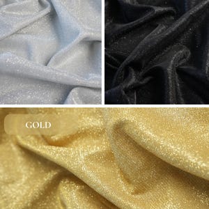 May include: Close-up of three fabric swatches: silver, black, and gold. Each fabric has a shimmering, textured appearance. The silver swatch is on the left, the black in the center, and the gold on the bottom. The word "SILVER", "BLACK", and "GOLD" are displayed above each swatch.