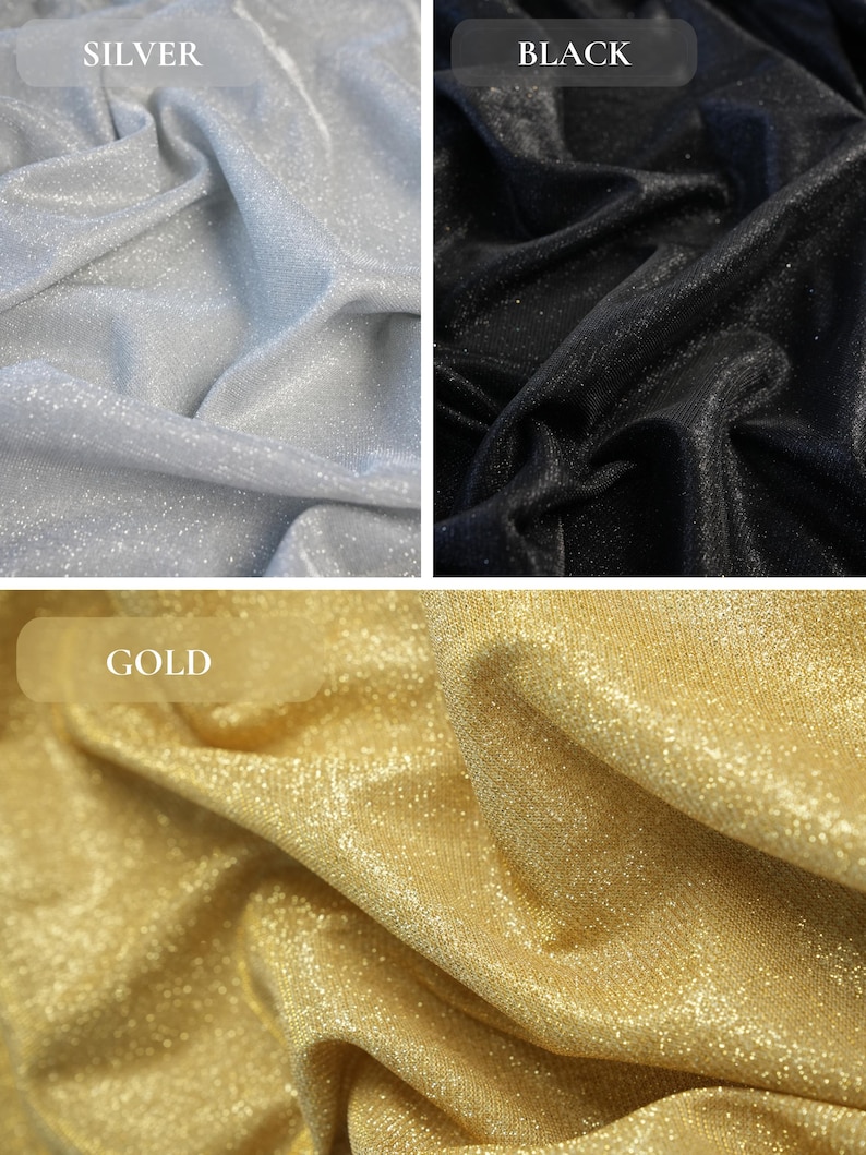May include: Close-up of three fabric swatches: silver, black, and gold. Each fabric has a shimmering, textured appearance. The silver swatch is on the left, the black in the center, and the gold on the bottom. The word "SILVER", "BLACK", and "GOLD" are displayed above each swatch.