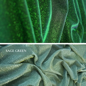 May include: Close-up of two fabric samples. The top sample is emerald green with a shimmering texture, and the text "EMERALD GREEN" is visible. The bottom sample is sage green with a similar texture, and the text "SAGE GREEN" is visible.