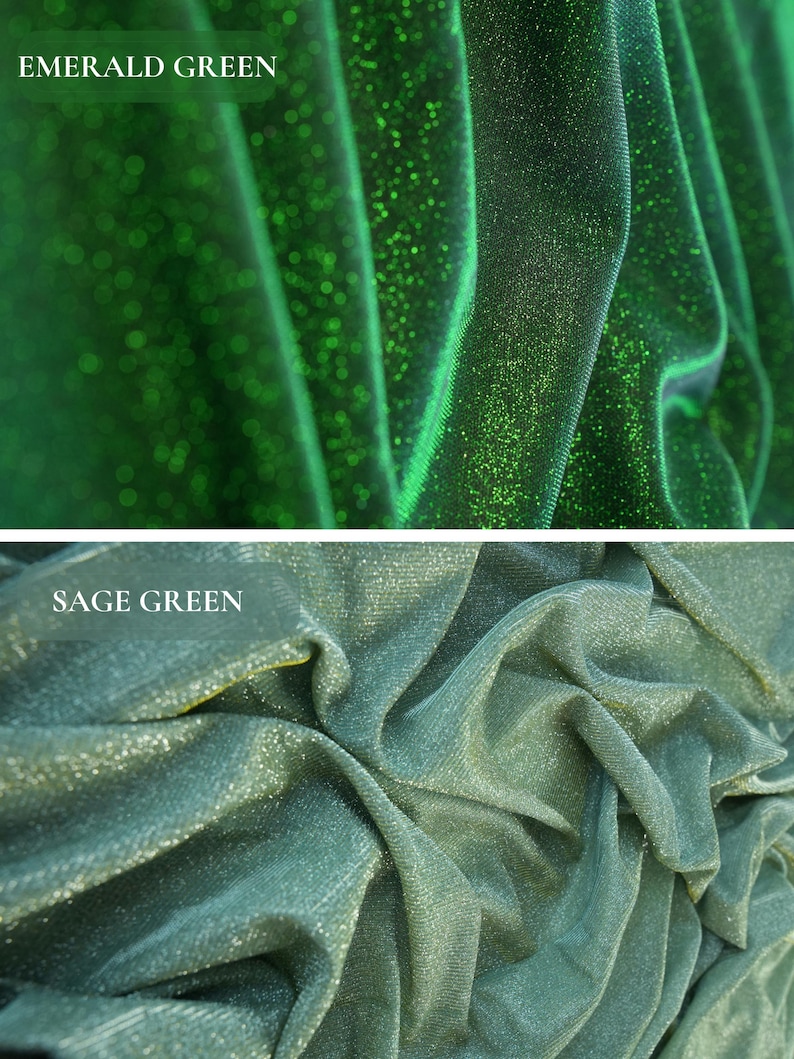 May include: Close-up of two fabric samples. The top sample is emerald green with a shimmering texture, and the text "EMERALD GREEN" is visible. The bottom sample is sage green with a similar texture, and the text "SAGE GREEN" is visible.