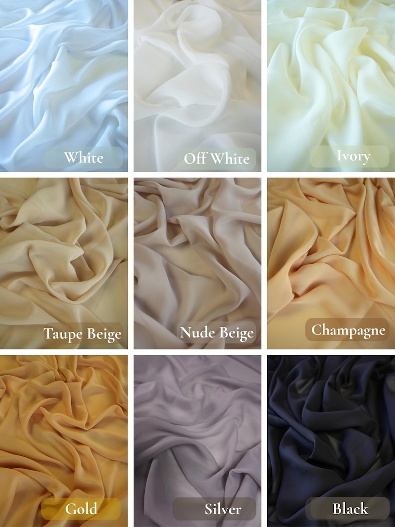 K&ouml;nnte beinhalten: Eine Sammlung von neun Stoffmustern in verschiedenen Farben. Zu den Farben geh&ouml;ren Wei&szlig;, Off-White, Elfenbein, Taupe Beige, Nude Beige, Champagner, Gold, Silber und Schwarz. Jedes Muster ist mit seinem jeweiligen Farbnamen beschriftet.