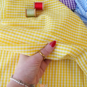 Yellow Gingham Poplin Fabric by the Yard, 1/8” Checked Poly Cotton Fabric for Dressmaking, Shirts, Tablecloths, Gingham Curtains, Decor