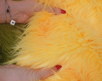 Yellow Faux Fur Fabric by the Yard, 60" Wide Long Hair Shaggy Fake Fur Material, Soft Plush Fur for Sewing, Cosplay Costumes, Fursuit, Decor