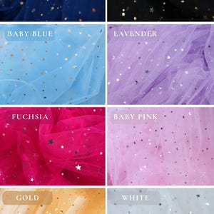May include: A collection of tulle fabric samples in various colors, including navy, black, baby blue, lavender, fuchsia, baby pink, gold, and white. Each fabric is adorned with metallic star and crescent moon embellishments.