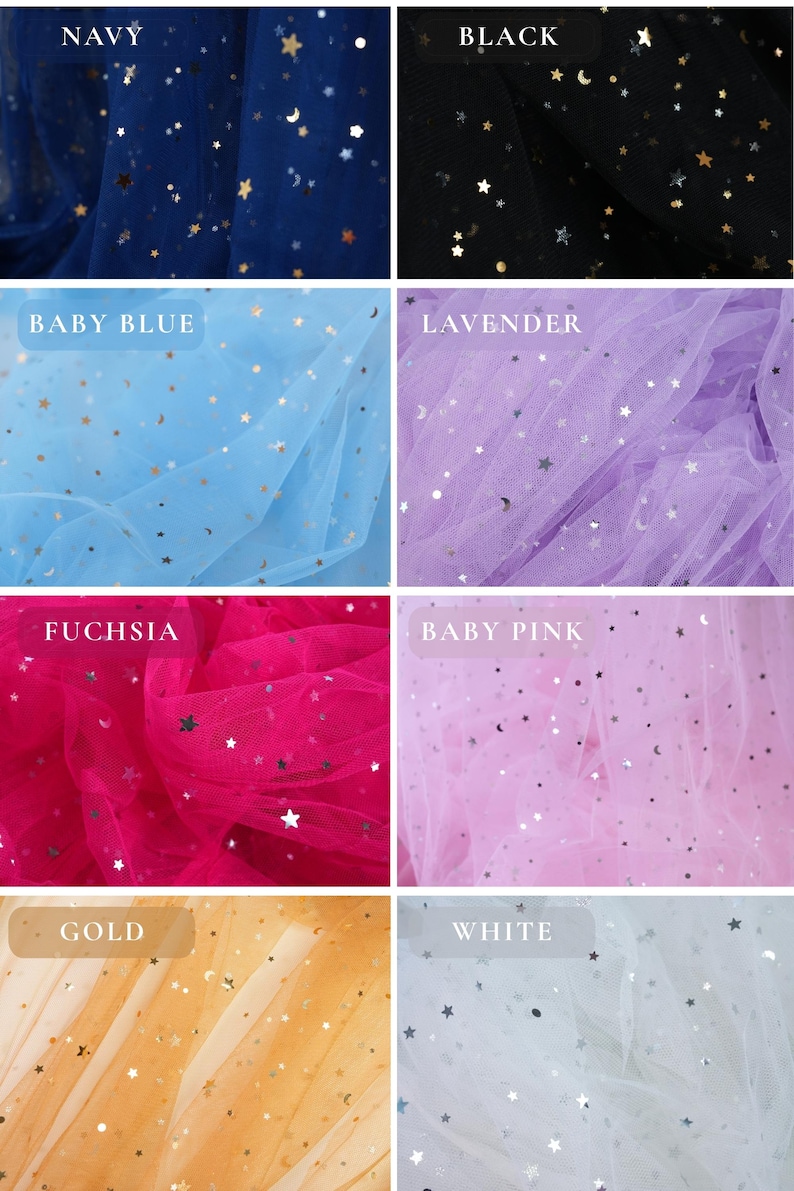 May include: A collection of tulle fabric samples in various colors, including navy, black, baby blue, lavender, fuchsia, baby pink, gold, and white. Each fabric is adorned with metallic star and crescent moon embellishments.