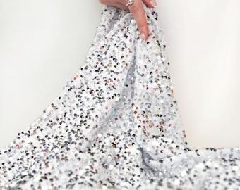 Silver Sequin Fabric by the Yard 2-Way Stretch Silver Sequins Velvet Fabric, Sparkle Metallic Fabric for Dresses, Gowns,Tops,Party Decor