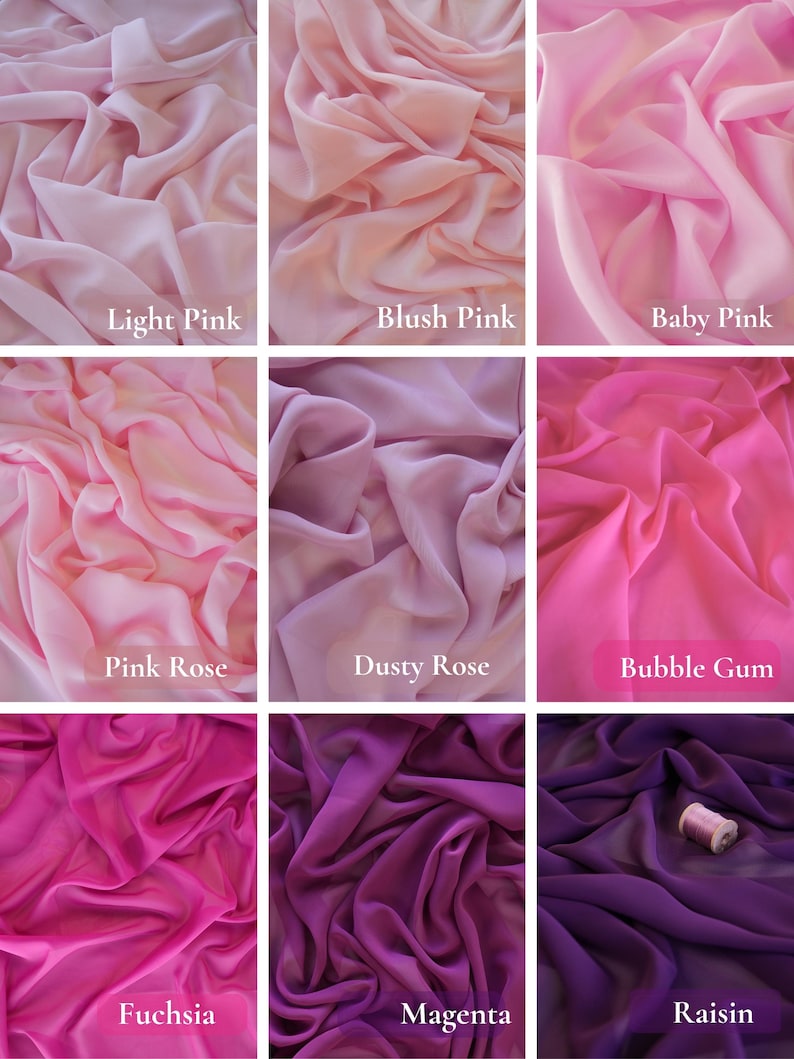 K&ouml;nnte beinhalten: Neun Stoffmuster in verschiedenen Rosa- und Lilat&ouml;nen. Die Farben sind hellrosa, blush pink, baby pink, pink rose, dusty rose, bubble gum, fuchsia, magenta und raisin. Jedes Muster hat seinen Farbnamen aufgedruckt.