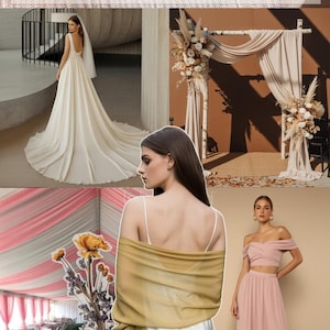 K&ouml;nnte beinhalten: Das Bild zeigt weichen Chiffonstoff, ideal f&uuml;r Brautkleider und zarte Modeartikel. Es zeigt einen flie&szlig;enden Fall, mit Beispielen wie einem Brautkleid, einem drapierten Bogen und einem zweiteiligen rosa Outfit. Der Text lautet "SOFT CHIFFON FABRIC".
