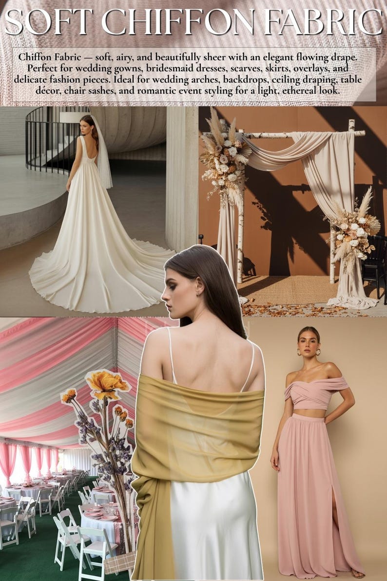 K&ouml;nnte beinhalten: Das Bild zeigt weichen Chiffonstoff, ideal f&uuml;r Brautkleider und zarte Modeartikel. Es zeigt einen flie&szlig;enden Fall, mit Beispielen wie einem Brautkleid, einem drapierten Bogen und einem zweiteiligen rosa Outfit. Der Text lautet "SOFT CHIFFON FABRIC".