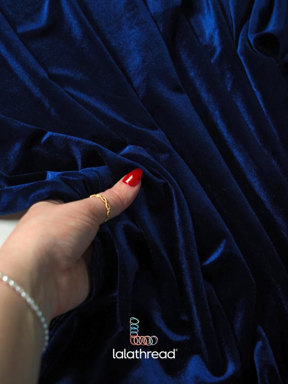 Navy Blue Stretch Velvet Fabric by the Yard, 4-Way Plush Velour for Gowns, Dress, Curtains, Pillows & Upholstery, 58” Wide Velvet Spandex