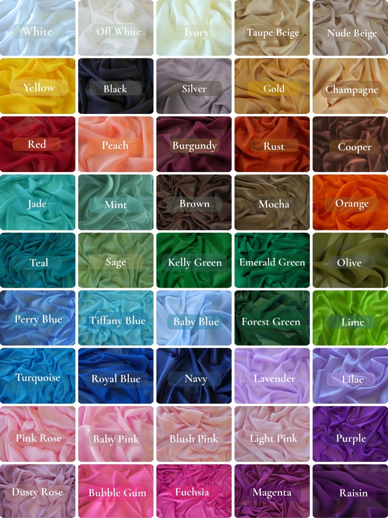 K&ouml;nnte beinhalten: Eine Farbkarte mit Stoffmustern in einer Vielzahl von Farben. Die Muster umfassen Wei&szlig;-, Beige-, Gelb-, Schwarz-, Silber-, Gold-, Rot-, Pfirsich-, Burgunder-, Orange-, Jade-, Minz-, Braun-, T&uuml;rkis-, Salbei-, Gr&uuml;n-, Blau-, Lila-, Rosa- und weitere Farbt&ouml;ne.