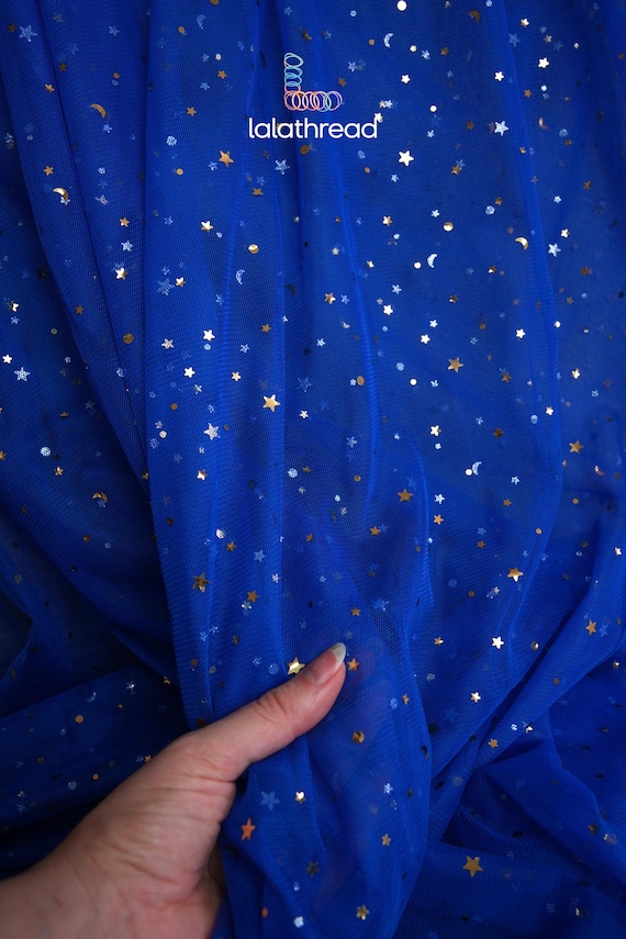 Royal Blue Twinkle Star Burst Tulle by the Yard, Sheer Celestial Glitter Tulle for Wedding, Decor, Tutu Skirts, Backdrops,Night Sky Fabric