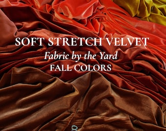 May include: A display of soft stretch velvet fabric in fall colors. The image showcases various shades of red, orange, brown, and gold. The text on the image reads "SOFT STRETCH VELVET, Fabric by the Yard, FALL COLORS" and "44 colors • soft stretch velvet fabric • 58" wide."