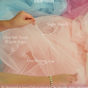 May include: Soft, sheer tulle fabric in shades of pink and blue. The image shows the fabric's fine netting, slight stretch, and elegant drape. Text on the image reads "Like Clouds, Airy & Puffy" and "Ultra Soft Touch, Elegant drape."