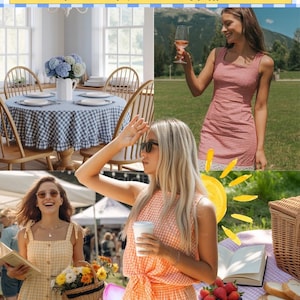Puede incluir: La imagen muestra tela de cuadros vichy en varias aplicaciones. Presenta vestidos, una mesa con un mantel a cuadros y una escena de picnic. La tela se muestra en patrones de cuadros rojos, amarillos y azules, lo que sugiere un estilo cl&aacute;sico y preppy.