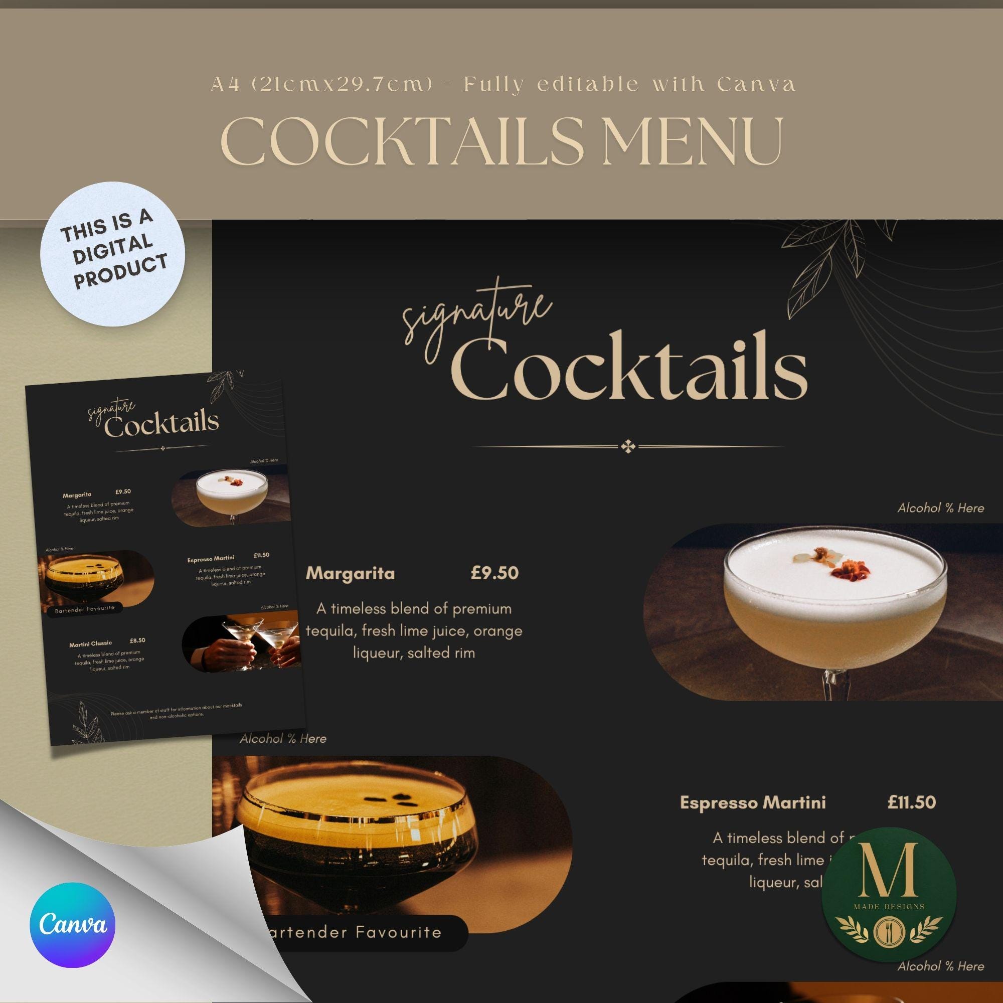 Elegant Dark Cocktail Menu Template | Signature Drinks A4 Portrait ...