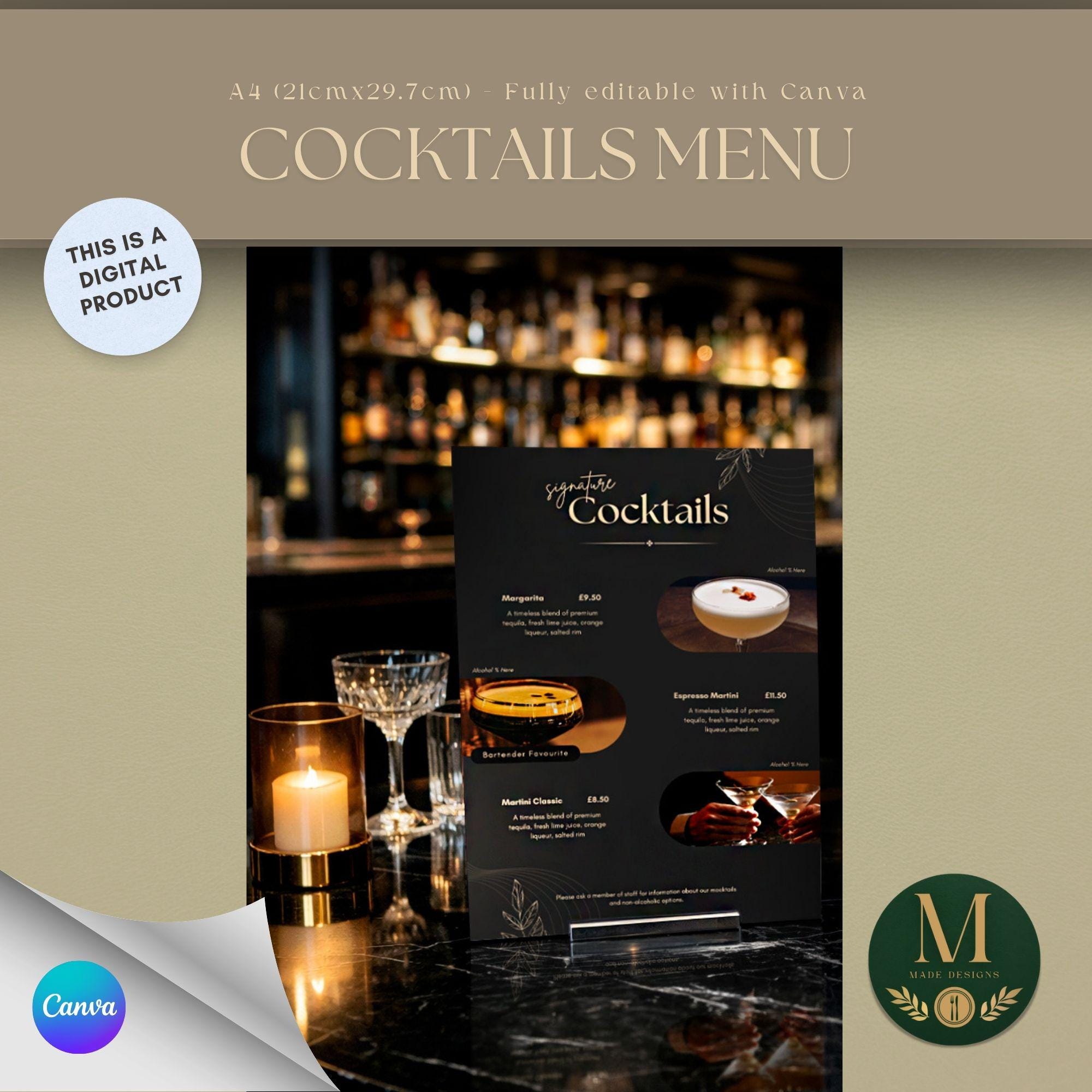 Elegant Dark Cocktail Menu Template | Signature Drinks A4 Portrait ...
