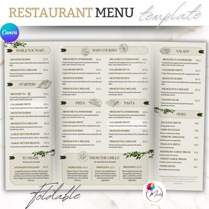 Menú de restaurante plegable completo con temática italiana, 420 x 314 mm, totalmente editable en Canva, menú elegante para almuerzos y cenas, fácil de editar y apto para principiantes