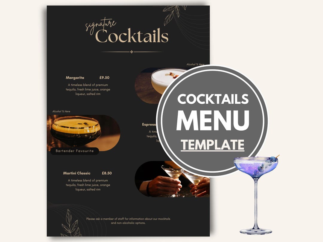 Elegant Dark Cocktail Menu Template | Signature Drinks A4 Portrait ...